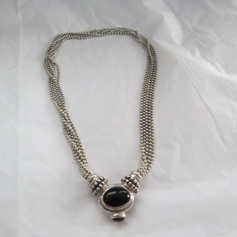 Beaded Multi Strand Necklace with Detachable Onyx  and Stone Pendant